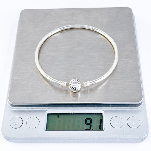 Estate Pandora Sterling Silver 925 Logo Barrel Clasp Charm Bangle Bracelet 7.25” - Picture 6 of 8